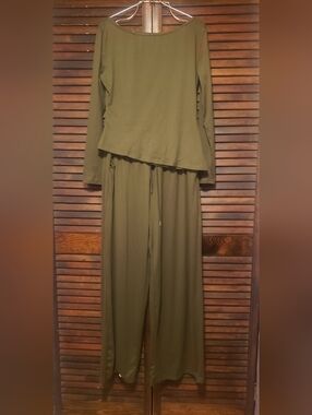 Olive Green Two-Piece Lounge Set - Long Sleeve Top & Wide Leg Pants